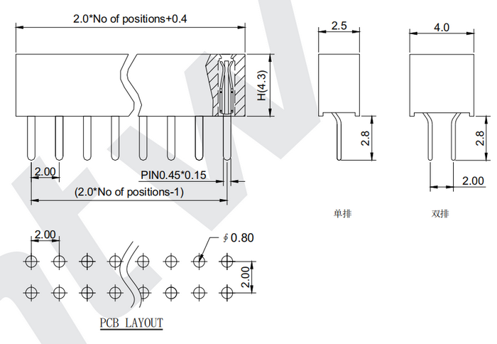 2.0间距单双排母 直插U型端子